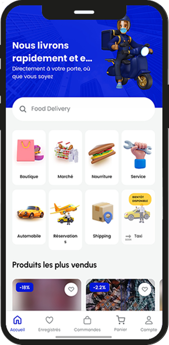 Aperçu des fonctionnalités de Favor Help : e-commerce, food, taxi, hôtels et plus